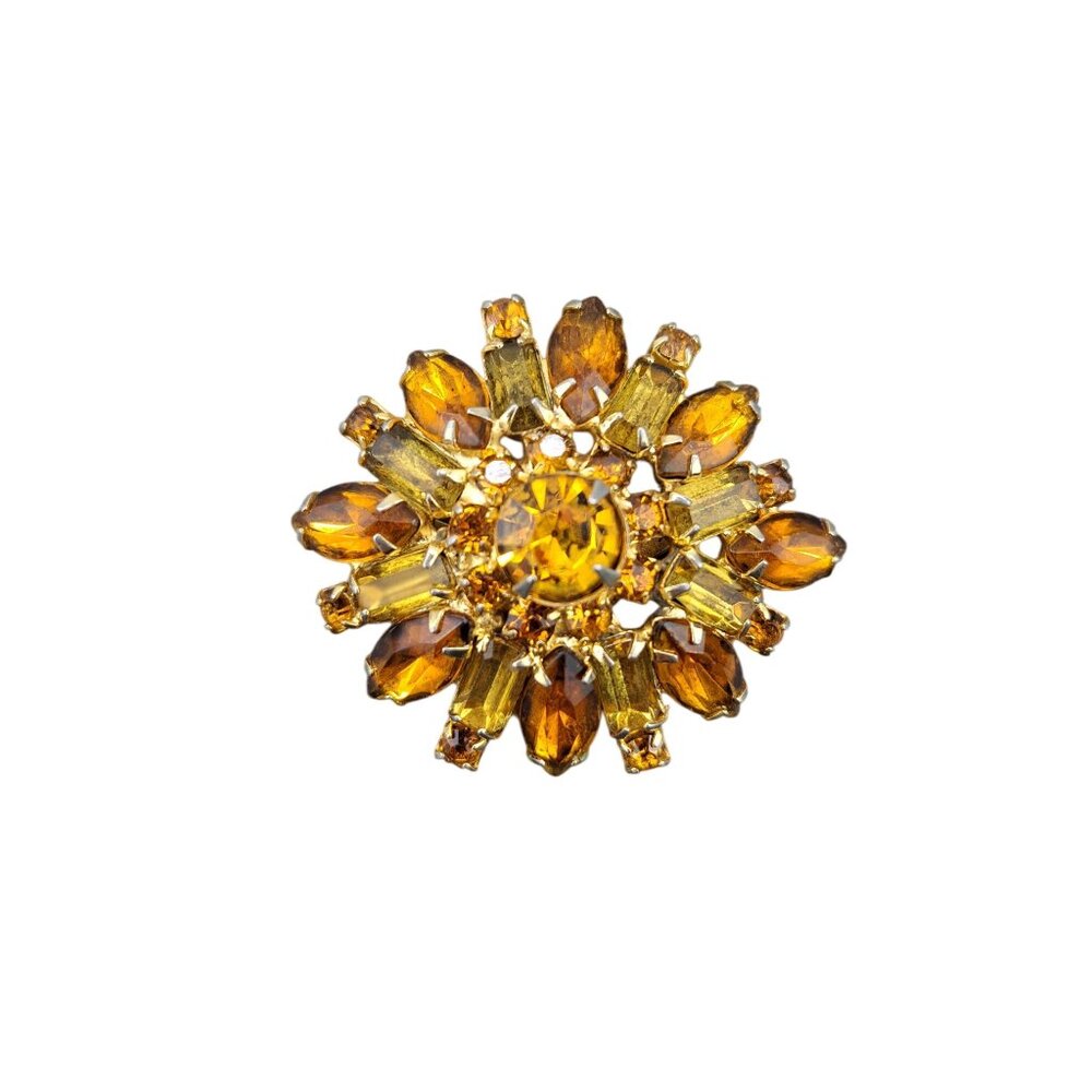 Vintage Rhinestone Brooch Pin Amber Citrine Topaz Colored Starburst Domed Floral - Picture 4 of 8